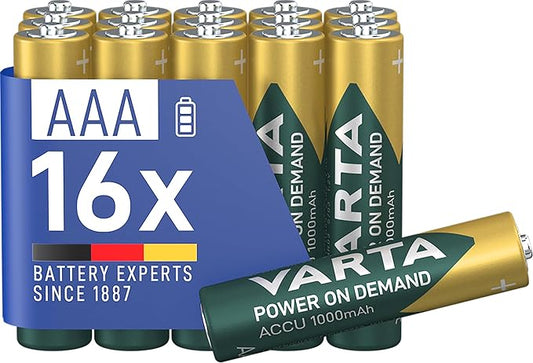 VARTA AAA Akkus wiederaufladbar 16 Stück, 1000 mAh Ni-MH, vorgeladen sofort einsatzbereit – 5703311316