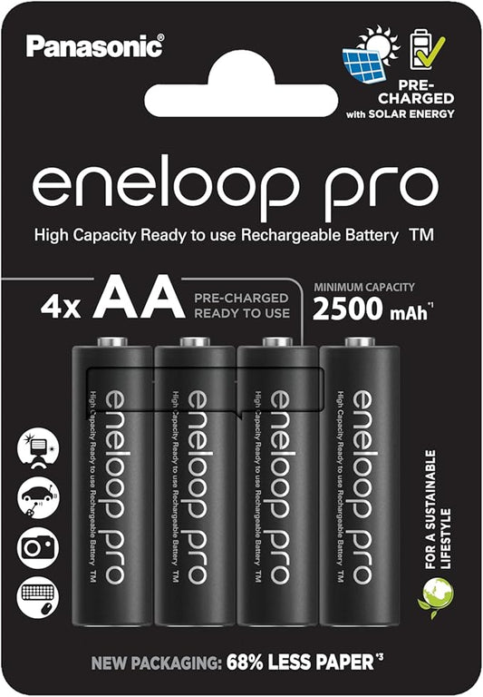 Panasonic eneloop pro AA Mignon Akku 4er-Pack, 2500 mAh, 500x wiederaufladbar, Ready-to-Use – 3HCDE