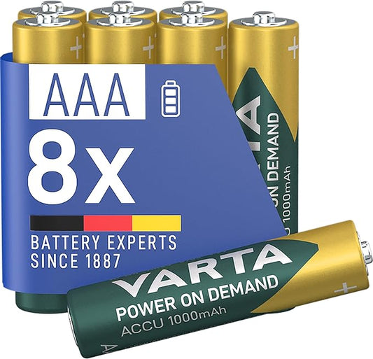 VARTA AAA Akkus wiederaufladbar 8 Stück Power on Demand 1000 mAh Ni-MH vorgeladen sofort einsatzbereit