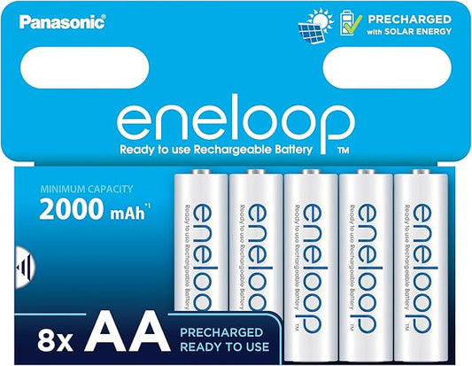 eneloop, AA/Mignon NI-MH Akku, 8er-Pack, Kapazität mit min. 2000 mAh, Ready-to-Use NI-MH Akkus, bis zu 2000 Mal wiederaufladbar, plastikfreier Verpackung, Standard, weiß